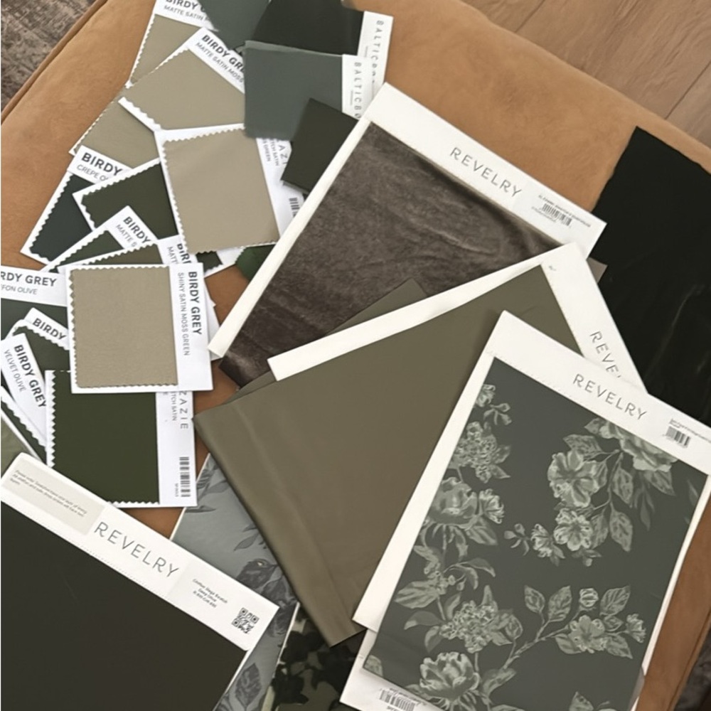 Revelry Green and Gray Fabric Swatches